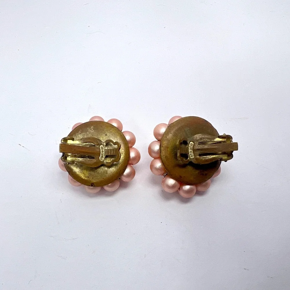 Vintage Japan Pink Faux Pearl Beaded Clip On Earrings Mid Century Classic Preppy